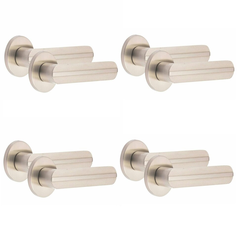 image 1 of Golden Grace 4 Pairs Modern Lima Knurled Design Premium Door Handles on Round Rose in Satin Nickel Finish | Grey | 4 Pairs