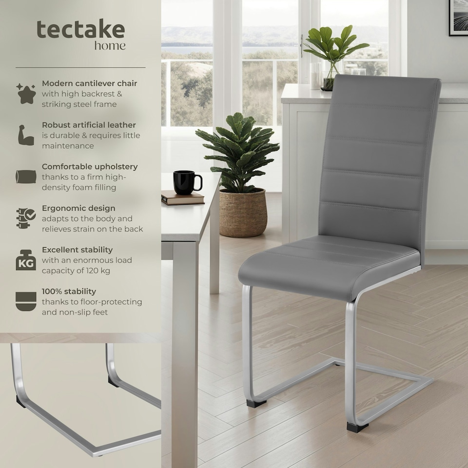image 1 of Dining Chairs - cantilevered, high backrest, flat steel frame - Set of 2 Grey