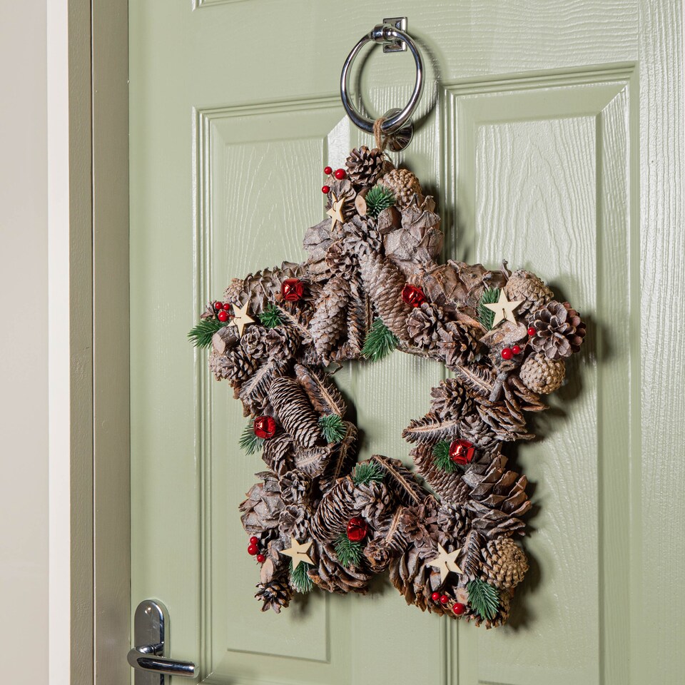 image 1 of 45cm Frosted Hanging Christmas Star Wreath with Red Jingle Bells & Wooden Stars
