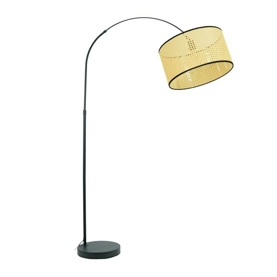 image 1 of ValueLights Louis Black Arched Curved Floor Lamp Natural Cane Shade