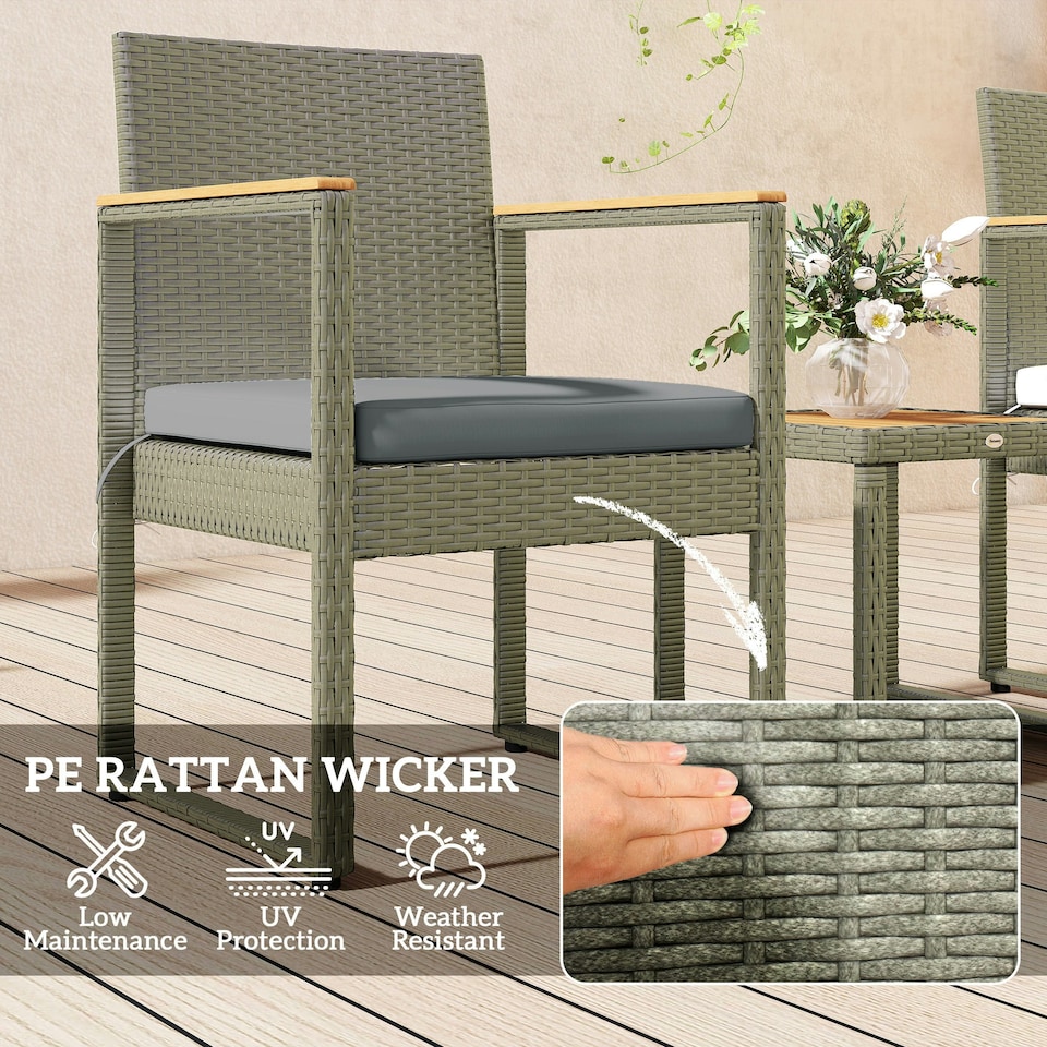 image 1 of Outsunny 3-Piece Rattan Bistro Set with Acacia Wood Table, Grey