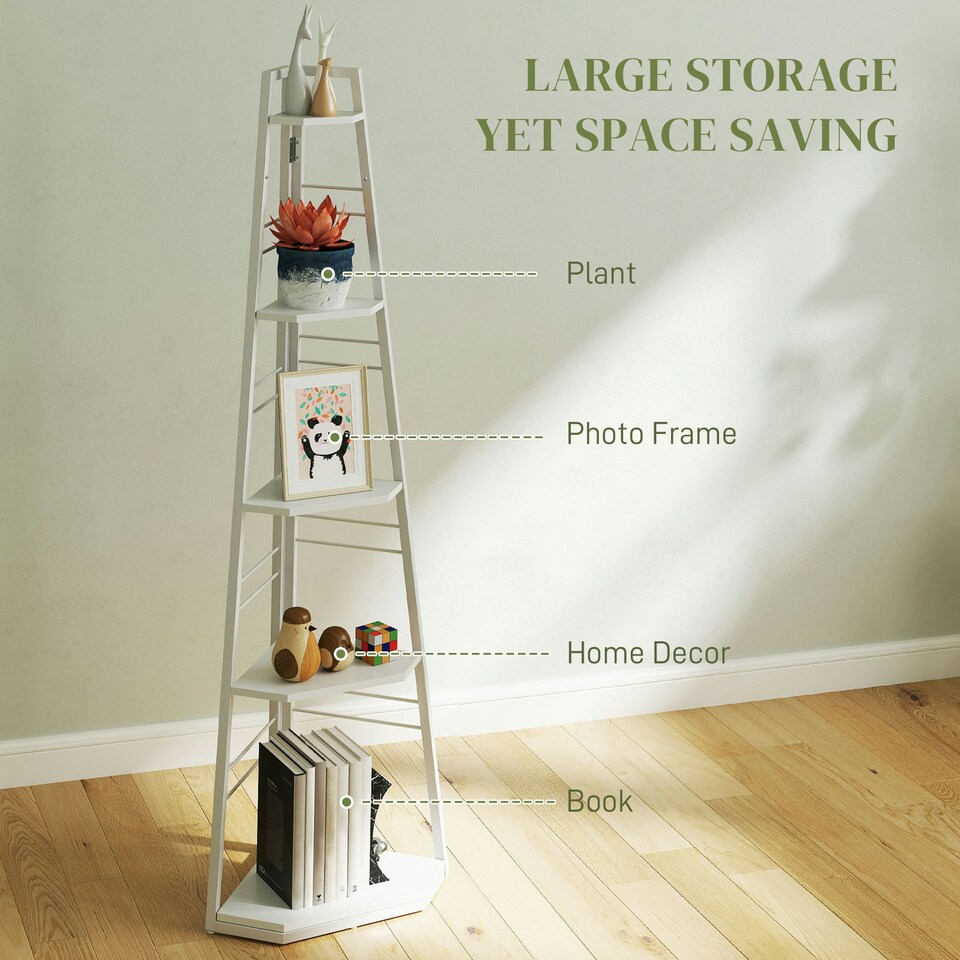 image 1 of HOMCOM 5-Tier Corner Shelf, Shelving Unit with Adjustable Feet, White White