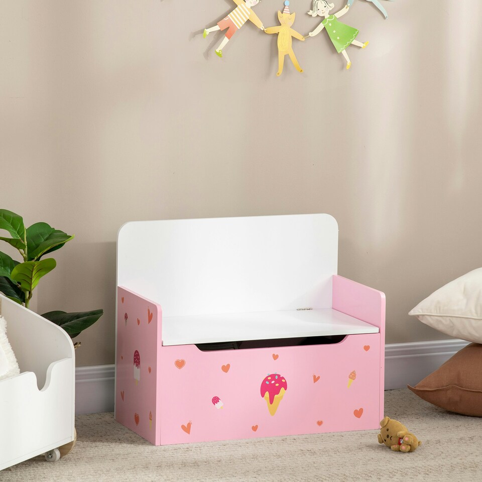 image 1 of ZONEKIZ  2 in 1 Wooden Kids Storage Bench, Toy Box w/ Safety Rod - Pink 