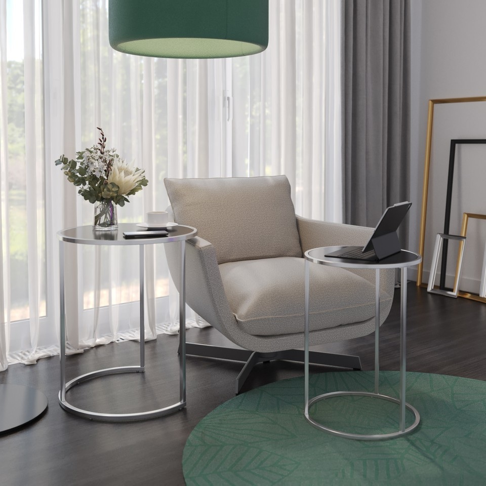 image 1 of 2 Piece Round Nesting Side Tables Set Tempered Glass Top Metal Leg Coffee Tables | Multi | Chrome Legs Black Glass