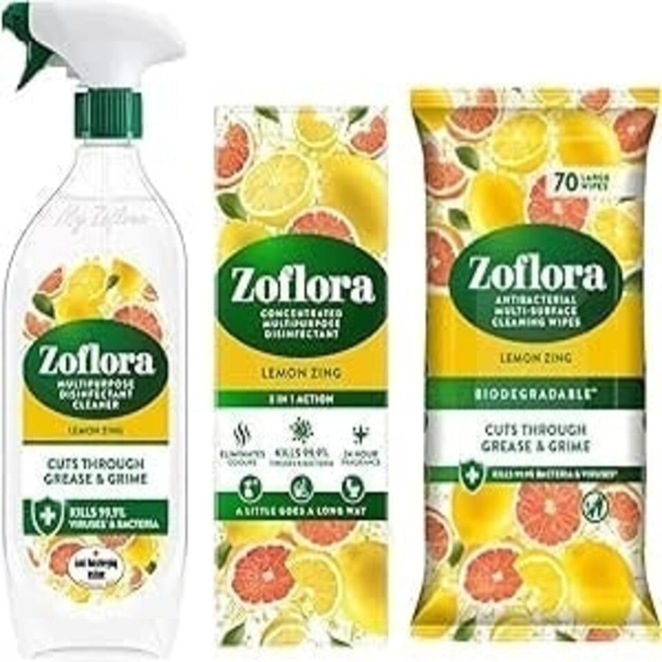 image 1 of Zoflora Lemon Zing Bundle - Multipurpose Disinfectant Trigger Spray, 1 x 800ml, Concentrated Disinfected Liquid, Biodegradable Wipes. (One of each)