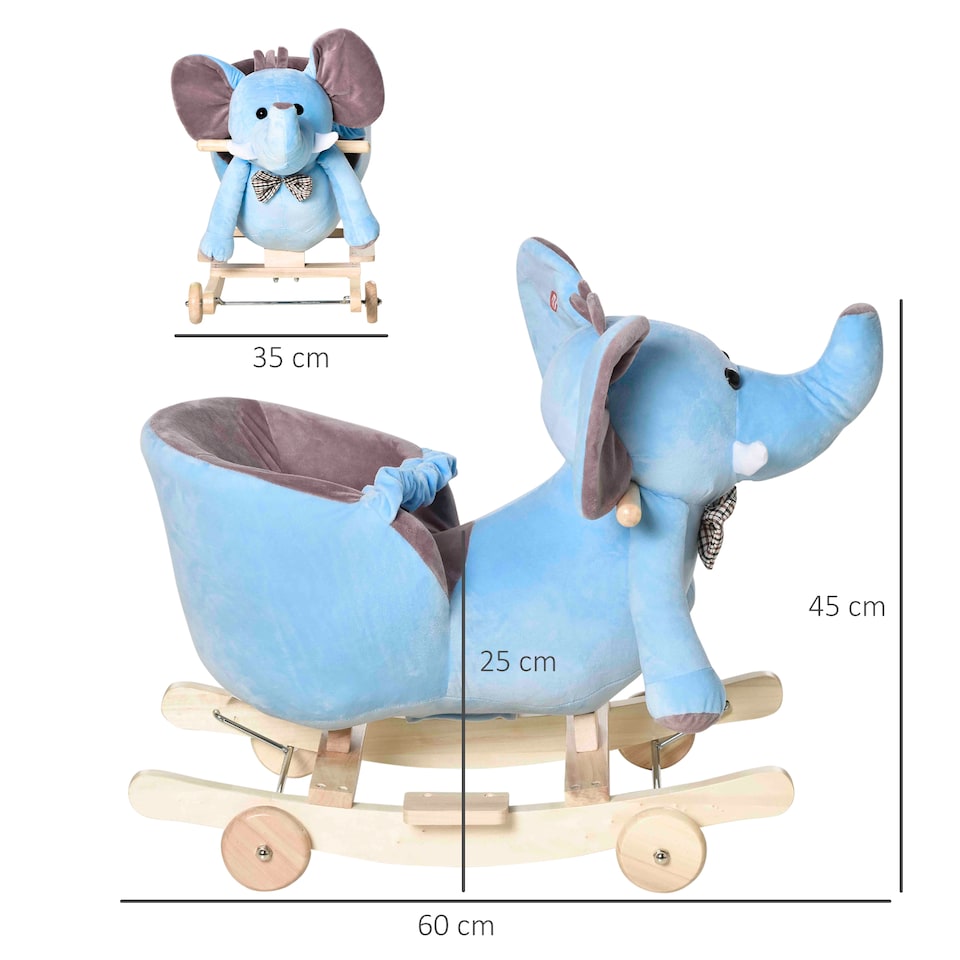 image 1 of HOMCOM 2 In 1 Plush Baby Ride on Rocking Horse Elephant Rocker with Wheels Wooden Toy for Kids 32 Songs for 18 Plus Months (Blue)