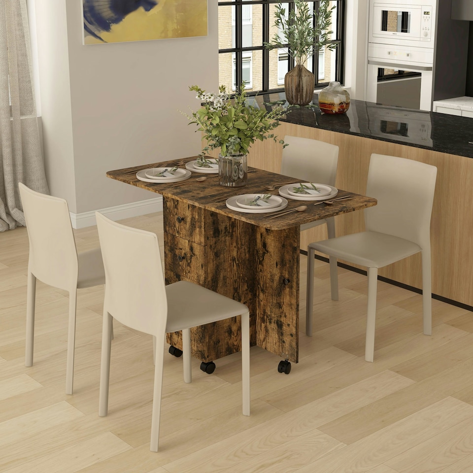 image 1 of HOMCOM Folding Dining Table, Drop Leaf Table With Drawers Rustic Brown