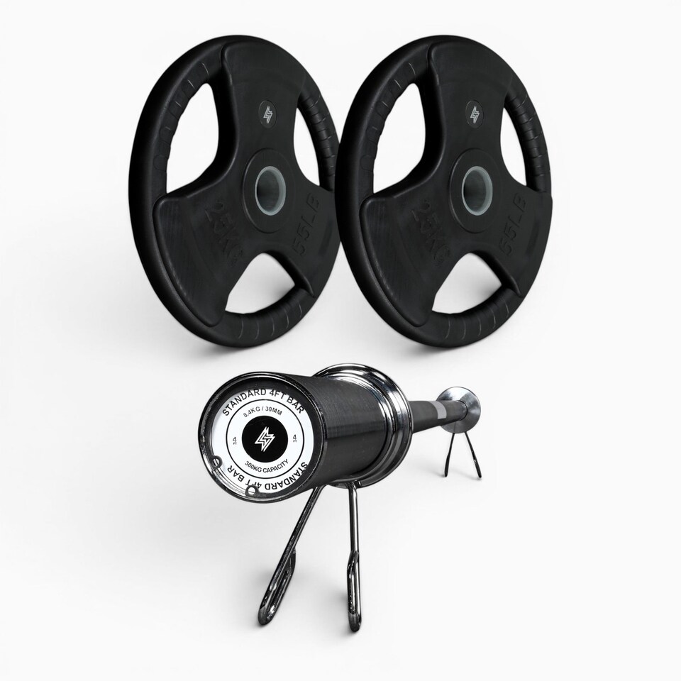image 1 of GYM SETS Tri Grip Olympic Weight Plates- (2x 25kg (50kg) / With 4ft Barbell + Clips)