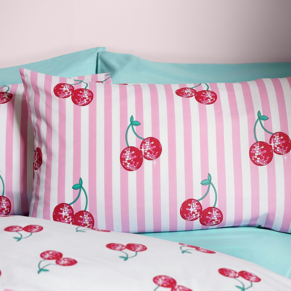 image 1 of Catherine Lansfield Disco Cherries Stripes Reversible Duvet Cover Set Pink | Pink | Single