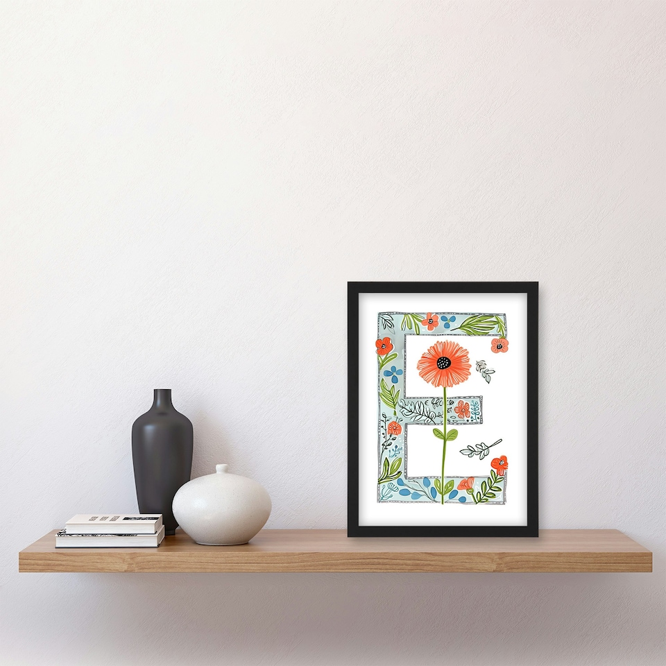 image 1 of Letter E Poppies Floral Birthday Gift Mum Black Framed Wall Art Print A4