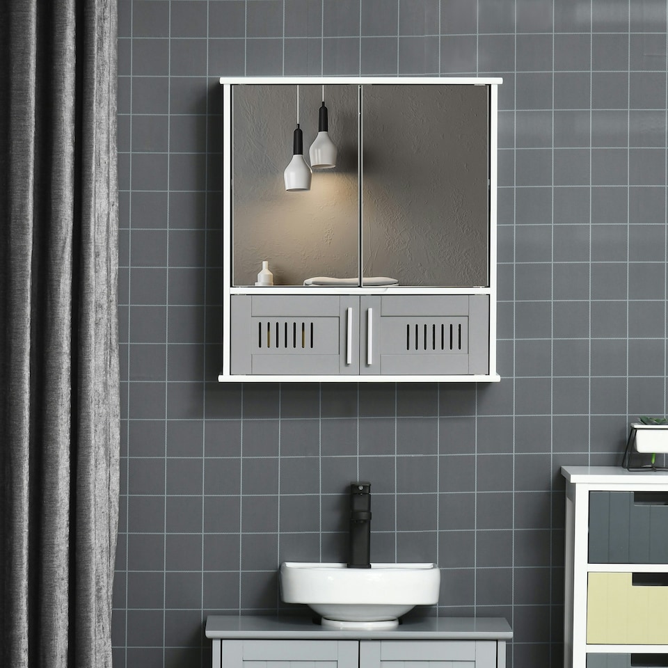 image 1 of kleankin Bathroom Mirror Cabinet Wall Mount Storage Unit Double Doors, Grey