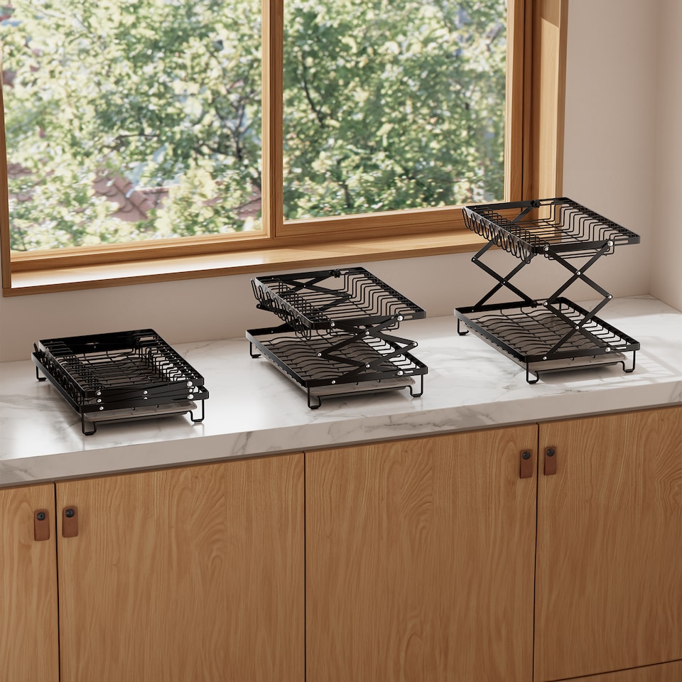 image 1 of Living and Home Foldable 2-Tier Dish Drying Rack with a Drip Tray | Black