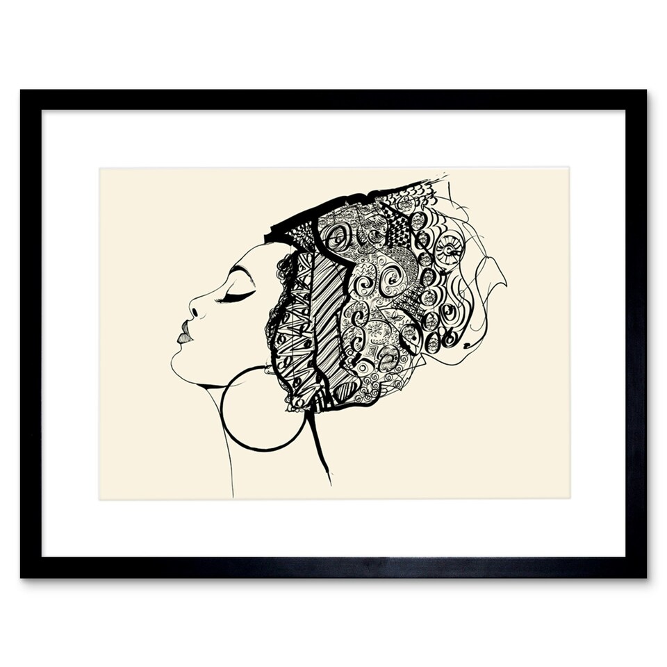 image 1 of Woman Headdress Black White sketch Home Decor 12x16" Framed Wall Art Print