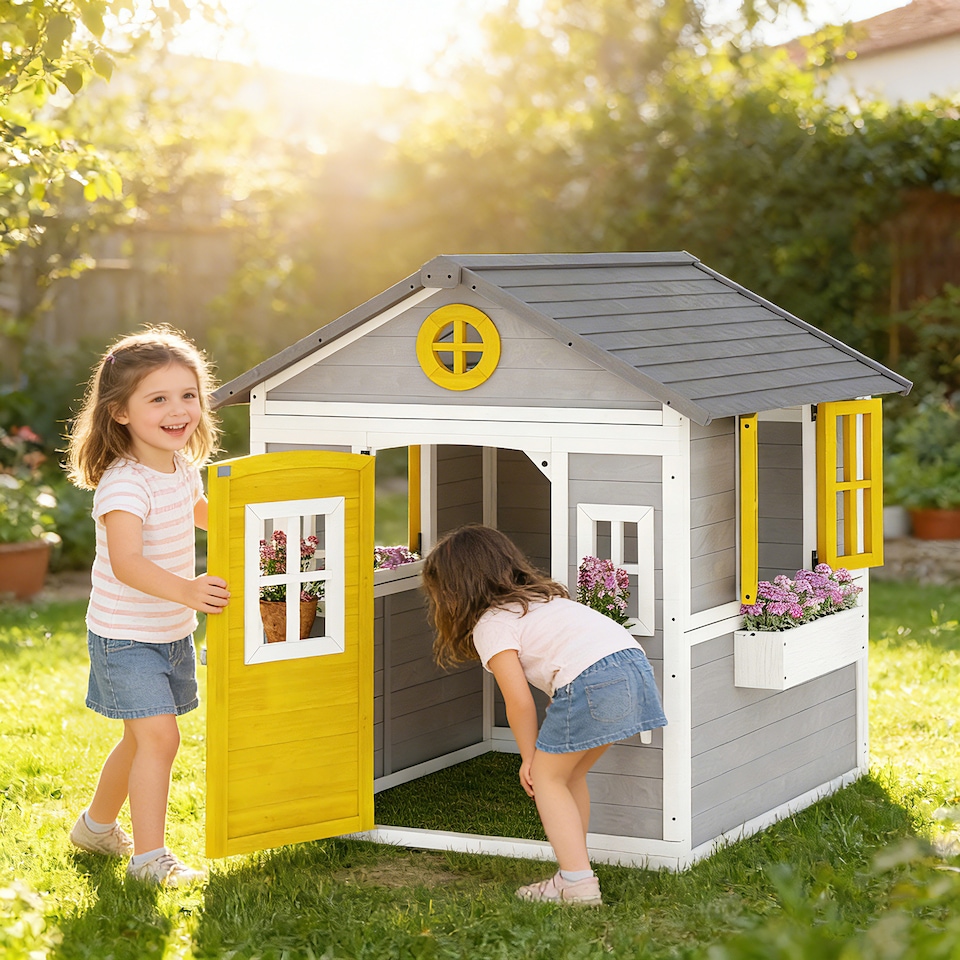 image 1 of Outsunny Wooden Playhouse with Doors, Windows, Plant Pots for Kids - Grey
