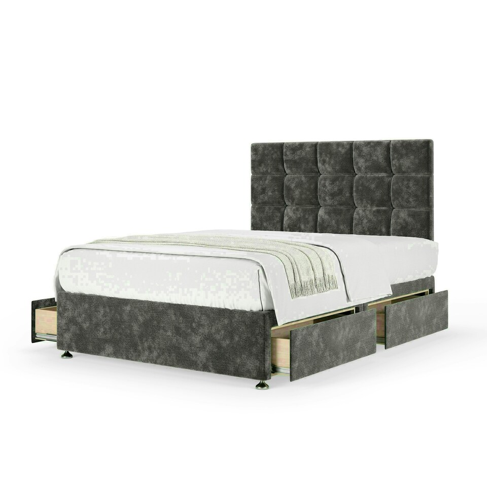 Charcoal Chenille 4 Drawer Divan Base and Pearl Headboard Double