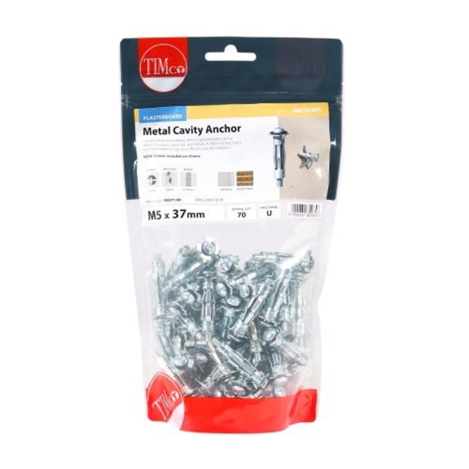 image 1 of Timco - Metal Cavity Anchors - Zinc (Size M5 x 37 (45mm Screw) - 70 Pieces)