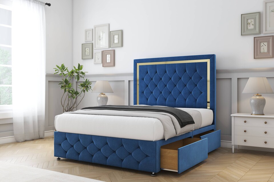 image 1 of Sloomy Sofia Gold Navy Plush Divan Bed With Mattress 4 Drawers With 26" Strutted Headboard & 12" Matching Footboard 5' King | Blue | Navy | King | 1