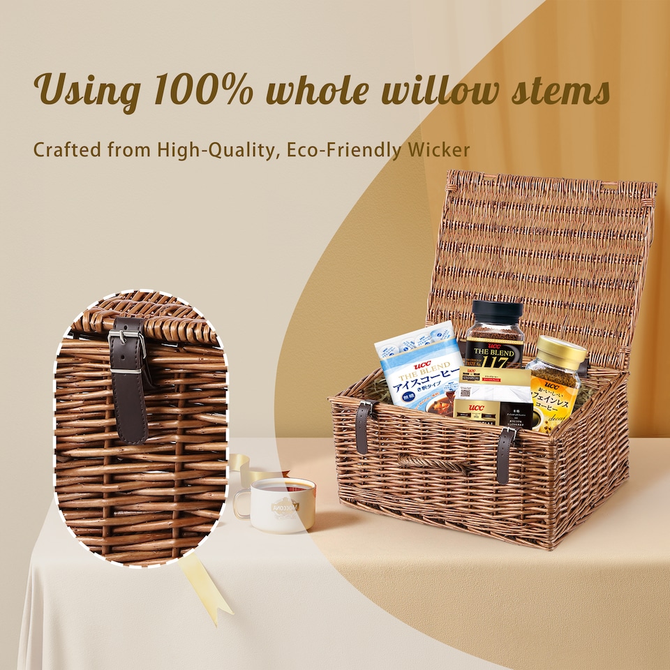 image 1 of Natural Dyed Wicker Hampers with Lid Perfect for Gift Hampers Shelve Basket Wardrobe Organizor Underbed Storage Retail Display Basket (Large, Brown)