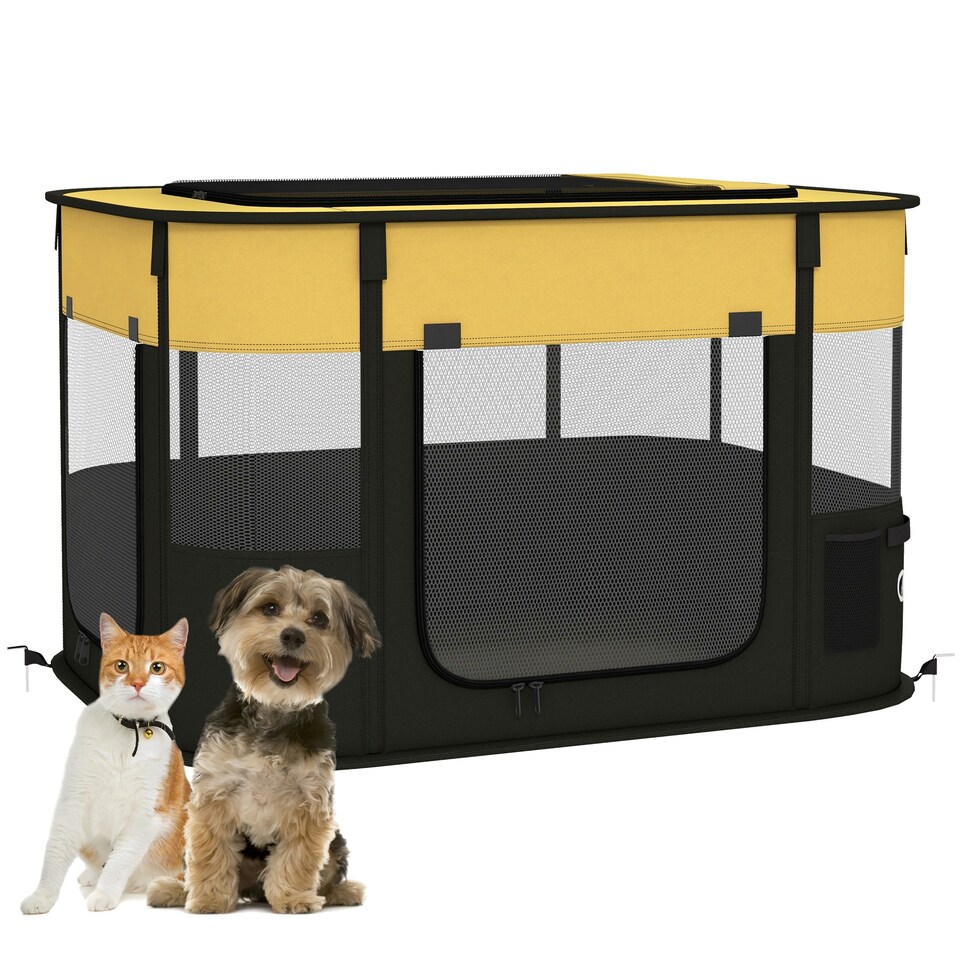 image 1 of PawHut Portable Dog Pen for Puppies, Rabbits, Kittens, Guinea Pigs - Yellow