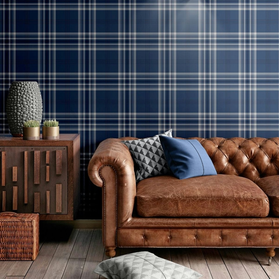image 1 of Muriva Catherine Lansfield Kelso Checked Wallpaper - Navy - 10m x 53cm | Blue