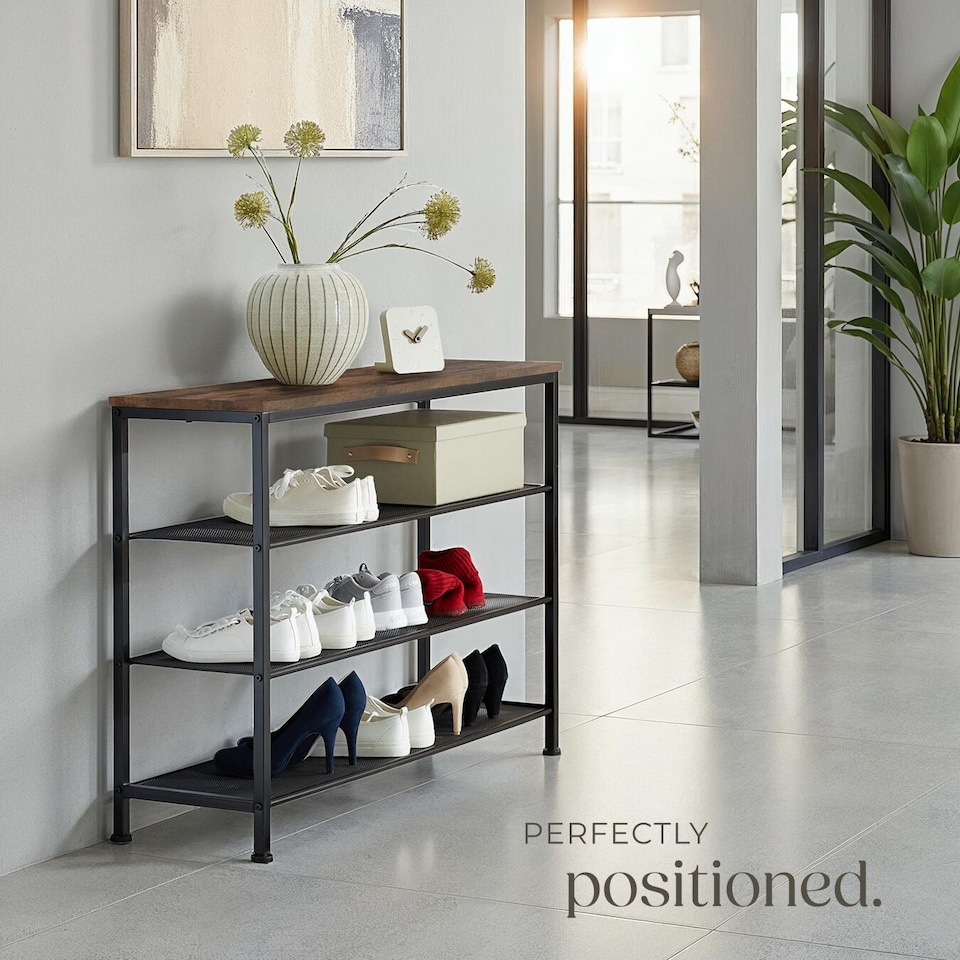 image 1 of Shoe Rack Portsmouth - surface shelf and 3 grid shelves, industrial style | Brown | Industrial wood dark, rustic | 100 x 30,50 x 72,50 cm | 1