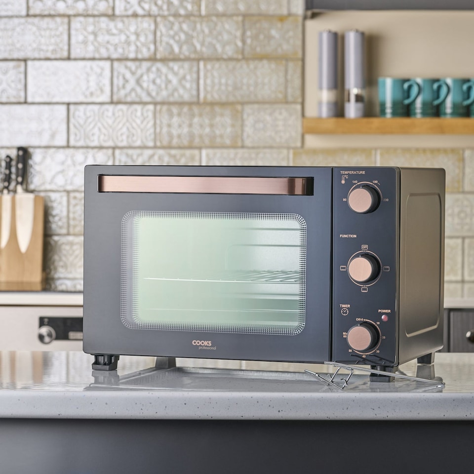 image 1 of Cooks Professional 28L Mini Oven - Electric Multifunction Countertop Grill Cooker with Adjustable Temp & Timer | Black | Black & Copper
