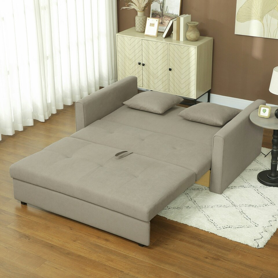 image 1 of HOMCOM 2 Seater Sofa Bed Convertible Bed Settee w/ 2 Cushions Light Brown 