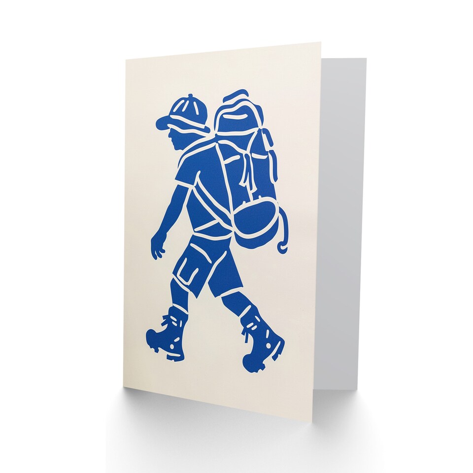 image 1 of Hiking Blue on White Camping Hike Backpacker Good Luck Card
