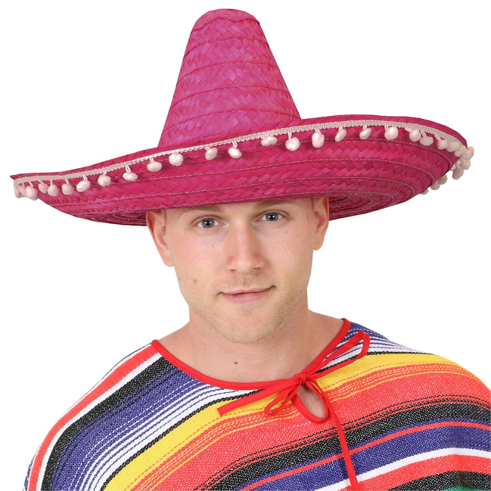 image 1 of Pink Mexican Sombrero – Fancy Dress Fiesta Hat with Pom-Pom Trim Pink | 6