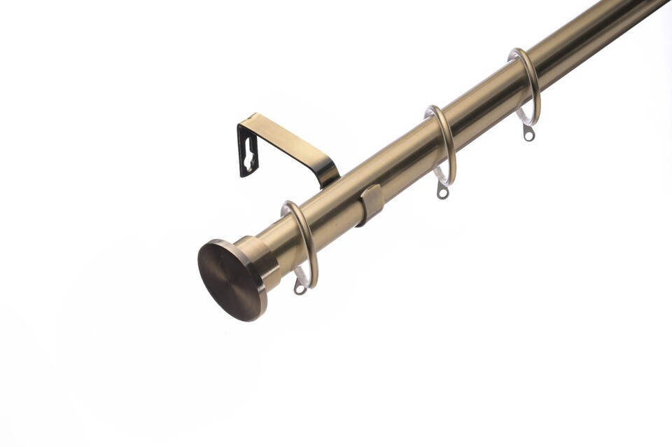 image 1 of Lister Cartwright 28mm Antique Brass Extendable Metal Curtain Pole Set Rings with Disc Stopper Finial (70- 120 cm)
