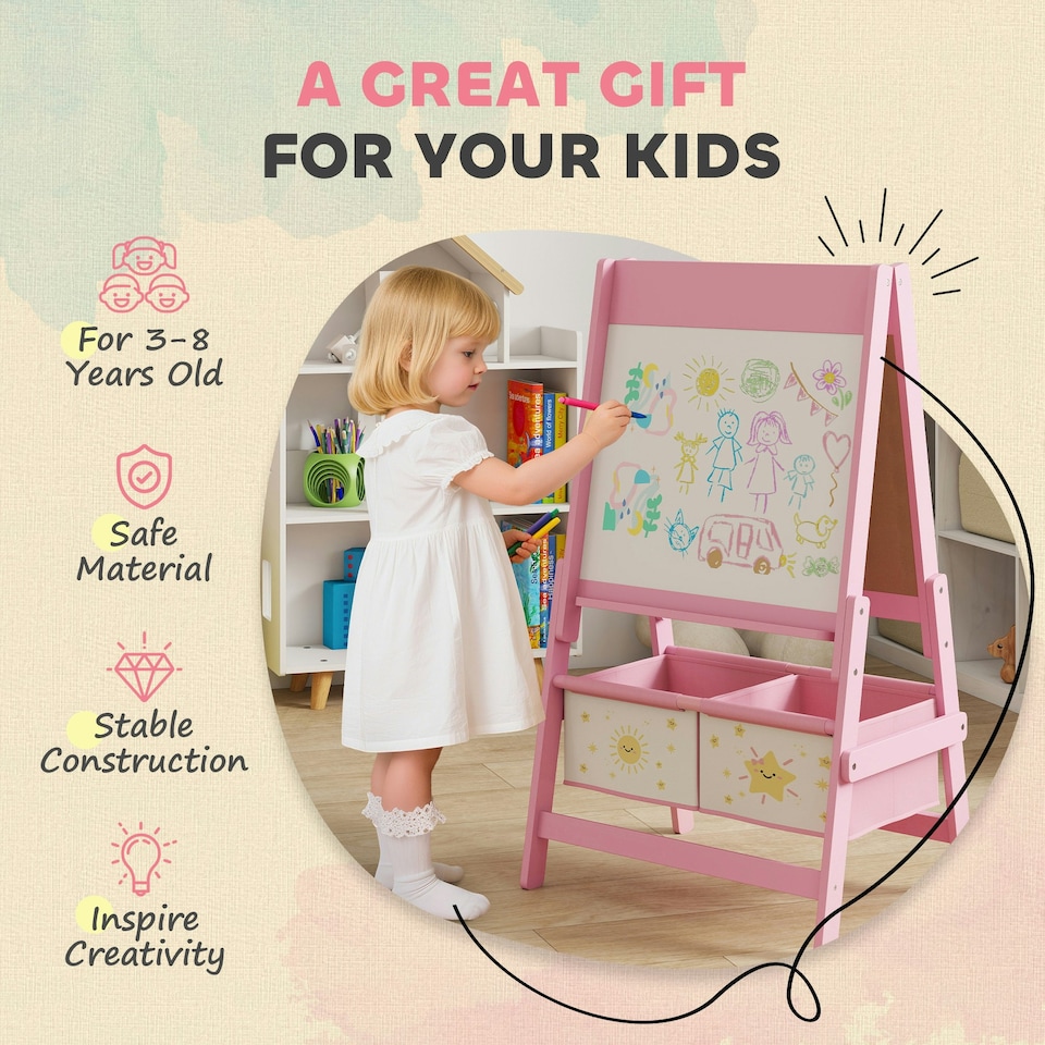 image 1 of AIYAPLAY 3-in-1 Kids Easel, Double-Sided Art Easel with Paper Roll Pink
