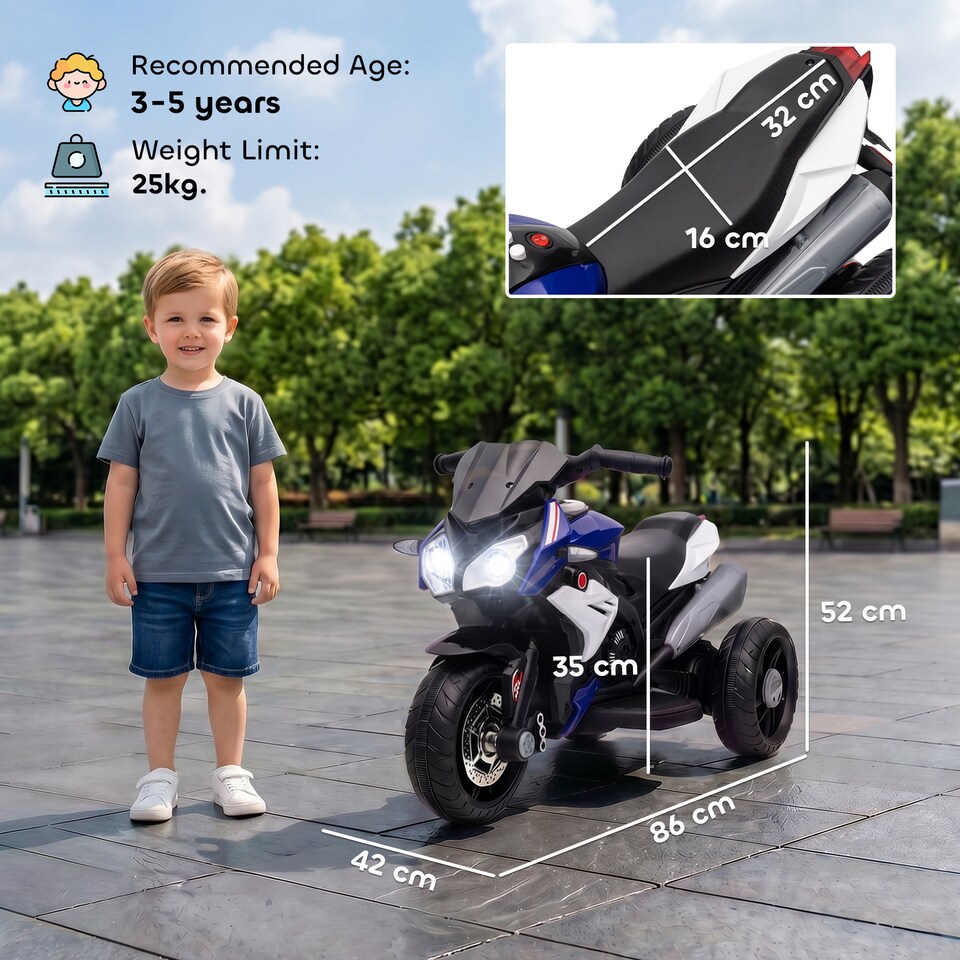 image 1 of HOMCOM Kids Electric Motorcycle with 3 Wheels, Headlight, Music, Horn, Blue