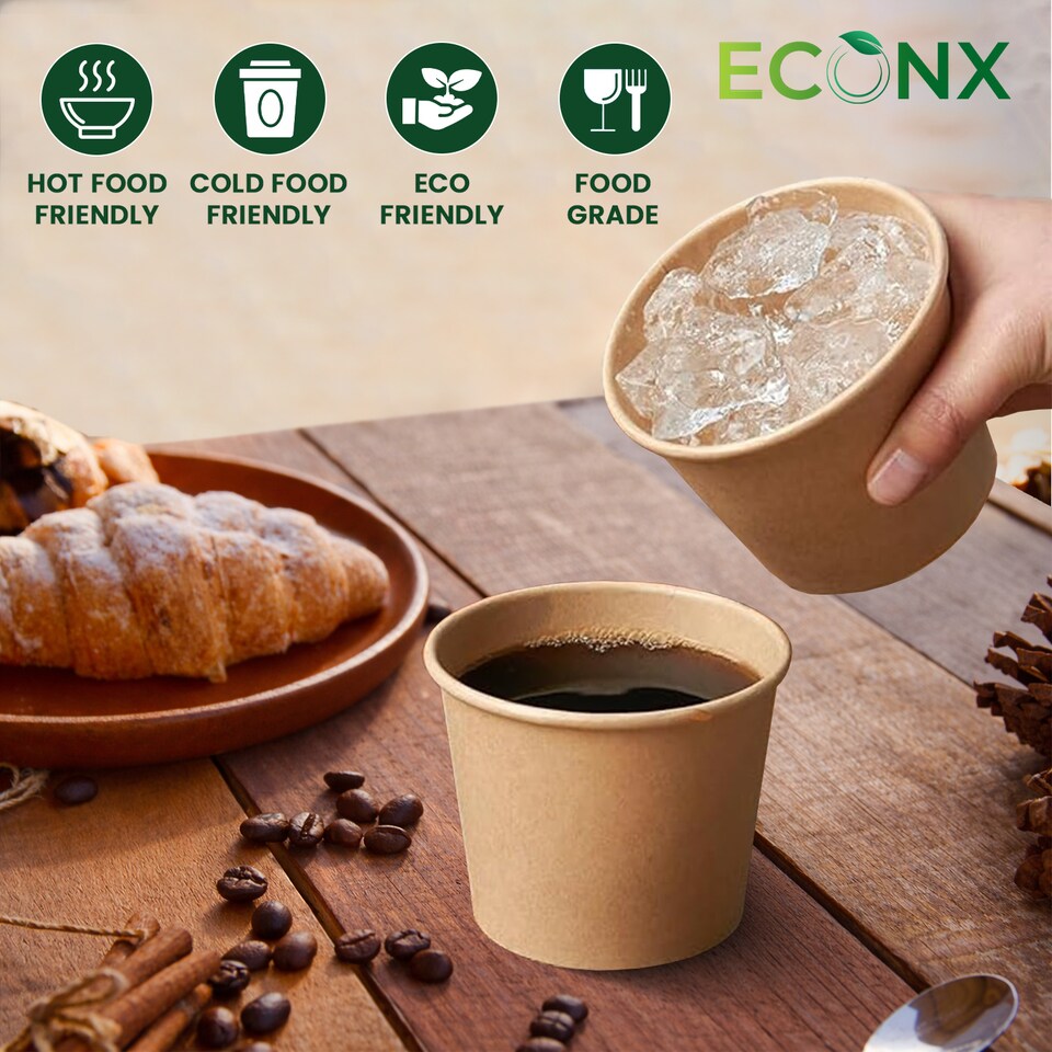 image 1 of ECONX 26oz Kraft Disposable Paper Soup Cups Food Containers with Lids Takeaway Tubs 50pc