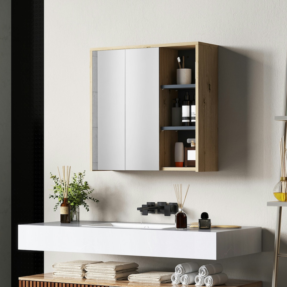 image 1 of HOMCOM Bathroom Cabinet Wall Mounted Mirror Storage with Shelves Natural