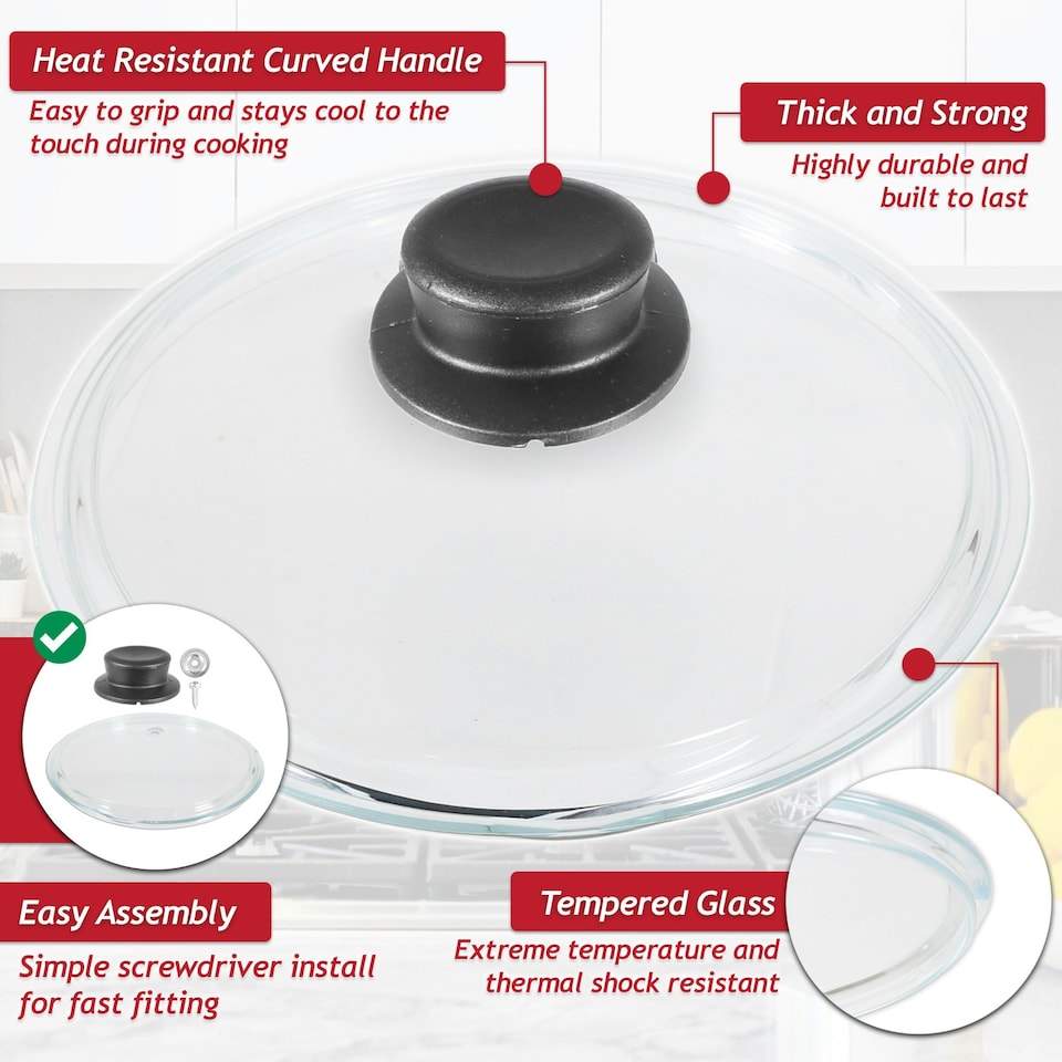 image 1 of SPARES2GO Glass Cookware Lid + Curved Handle Tempered Pan Pot Dish Cover Replacement Kit (30cm)