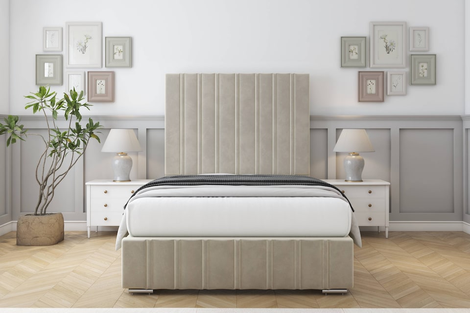 image 1 of Sloomy Langston Cream Plush Deep-Sided Bed Frame With 50" Upholstered Headboard 5' King