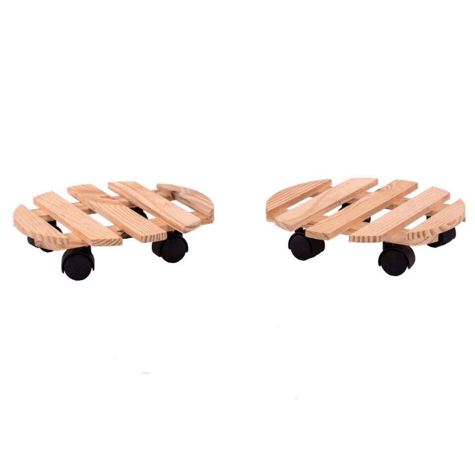 image 1 of Set of 2 30cm Wooden Plant Flower Pot Mobile Mover Trolley Stands