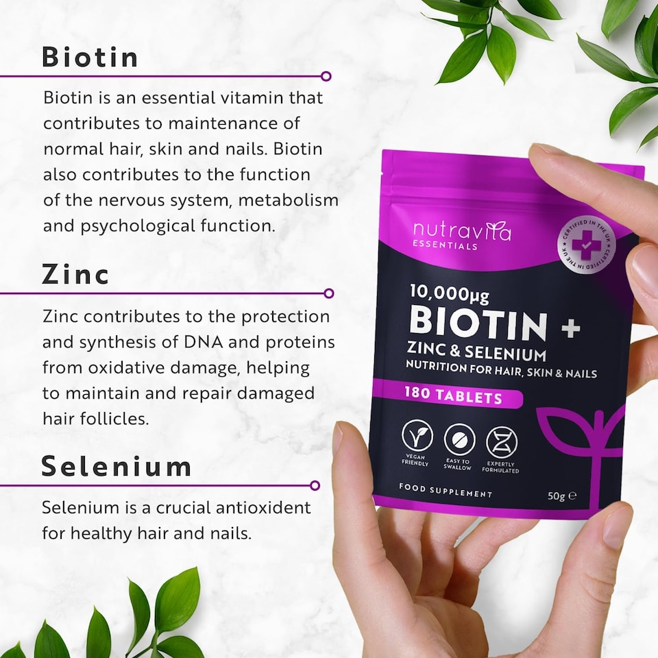 image 1 of Nutravita Biotin Hair Growth Supplement 10,000mcg with Zinc & Selenium - Maintain Normal Hair Skin & Nails with Zinc & Selenium - 180 Vegan Tablets
