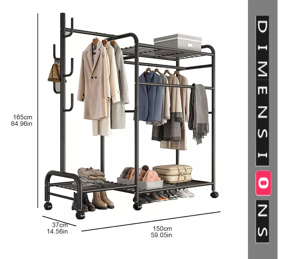 Black Heavy Duty Double Clothes Rail with Shelves and Hooks - Tesco ...