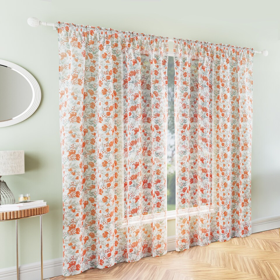 image 1 of Mia Burnt Orange Floral Print Sheer Voile Panels - Pair 140 x 122cm (55x48")