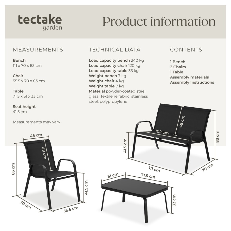 image 1 of Garden Furniture Set Nora - up to 4 people, textilene fabric, weather-resistant | Black | black | 70 x 111 x 83 cm | 1
