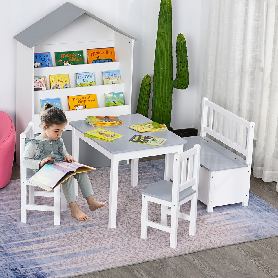 image 1 of HOMCOM 4-Piece Set Kids Wood Table Chair Bench w Storage Function for 3 Years