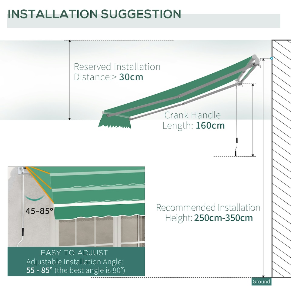 image 1 of Outsunny Garden Sun Shade Canopy Retractable Awning, 4 x 3(m), Green