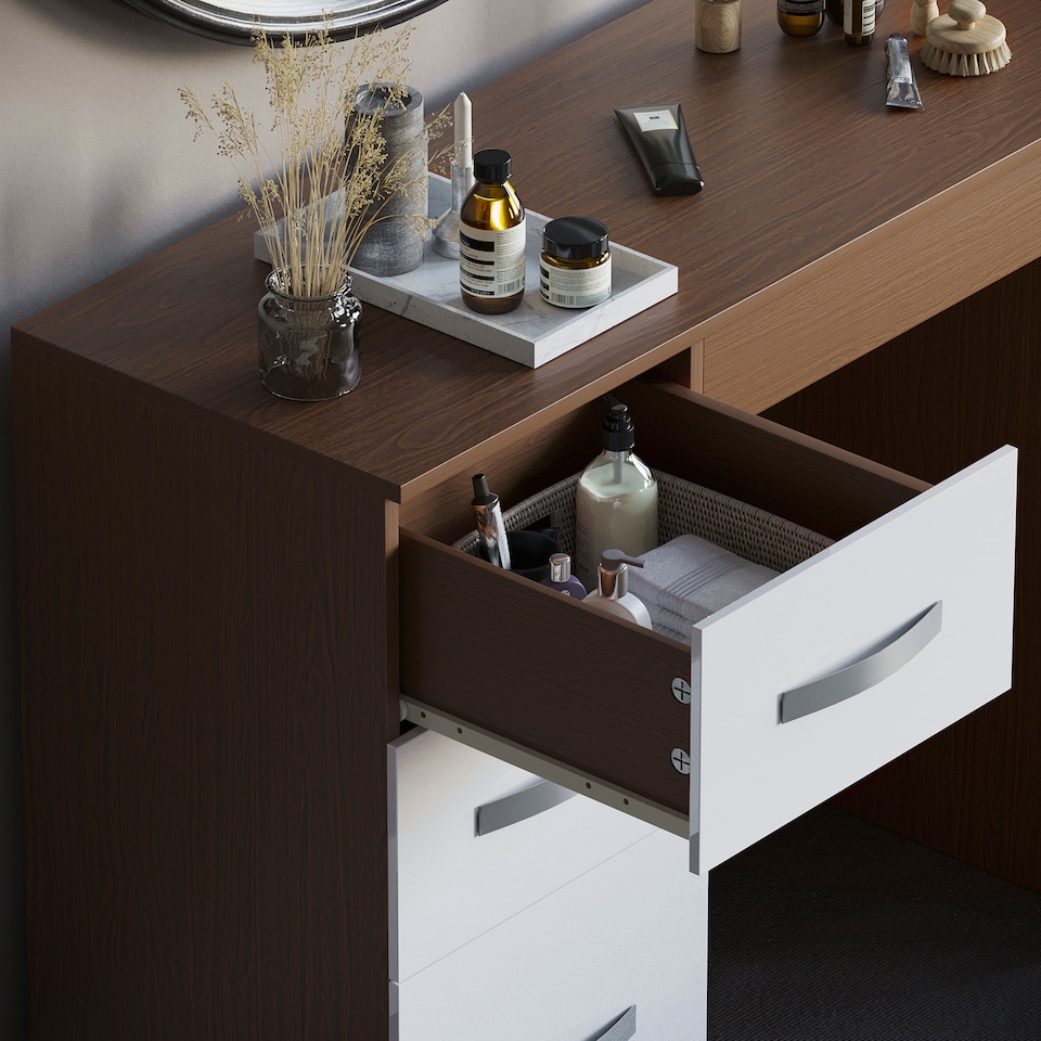 image 1 of Vida Designs Hulio 3 Drawer Dressing Table High Gloss Vanity Makeup Desk, Walnut & White