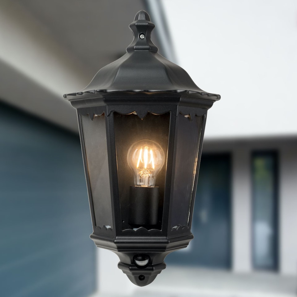 image 1 of Set of 2 Sienna - Black with Clear Glass IP44 Outdoor Half Lantern Wall Lights with PIR Motion Sensor | Black | Clear | 2