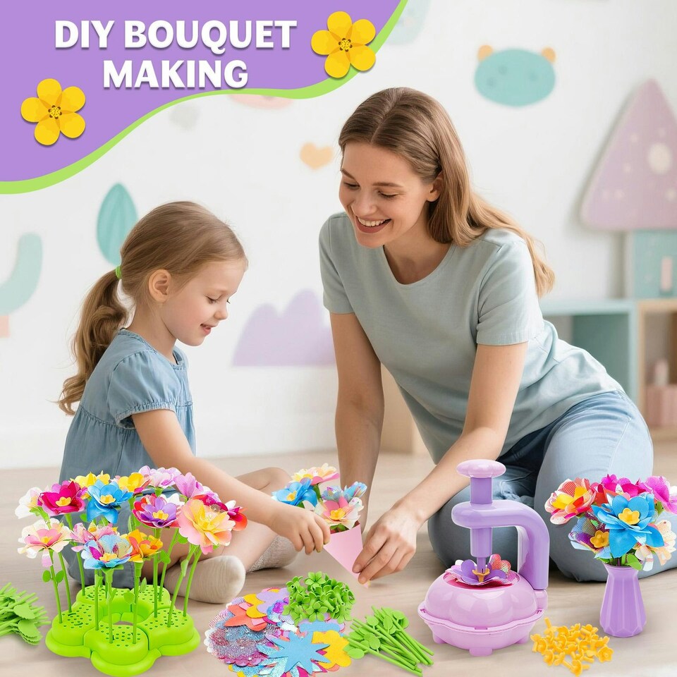 image 1 of DIY Flower Bouquet Craft Kit for Kids – Decorate with Press Machine, Colorful Petals, Basket & Vase
