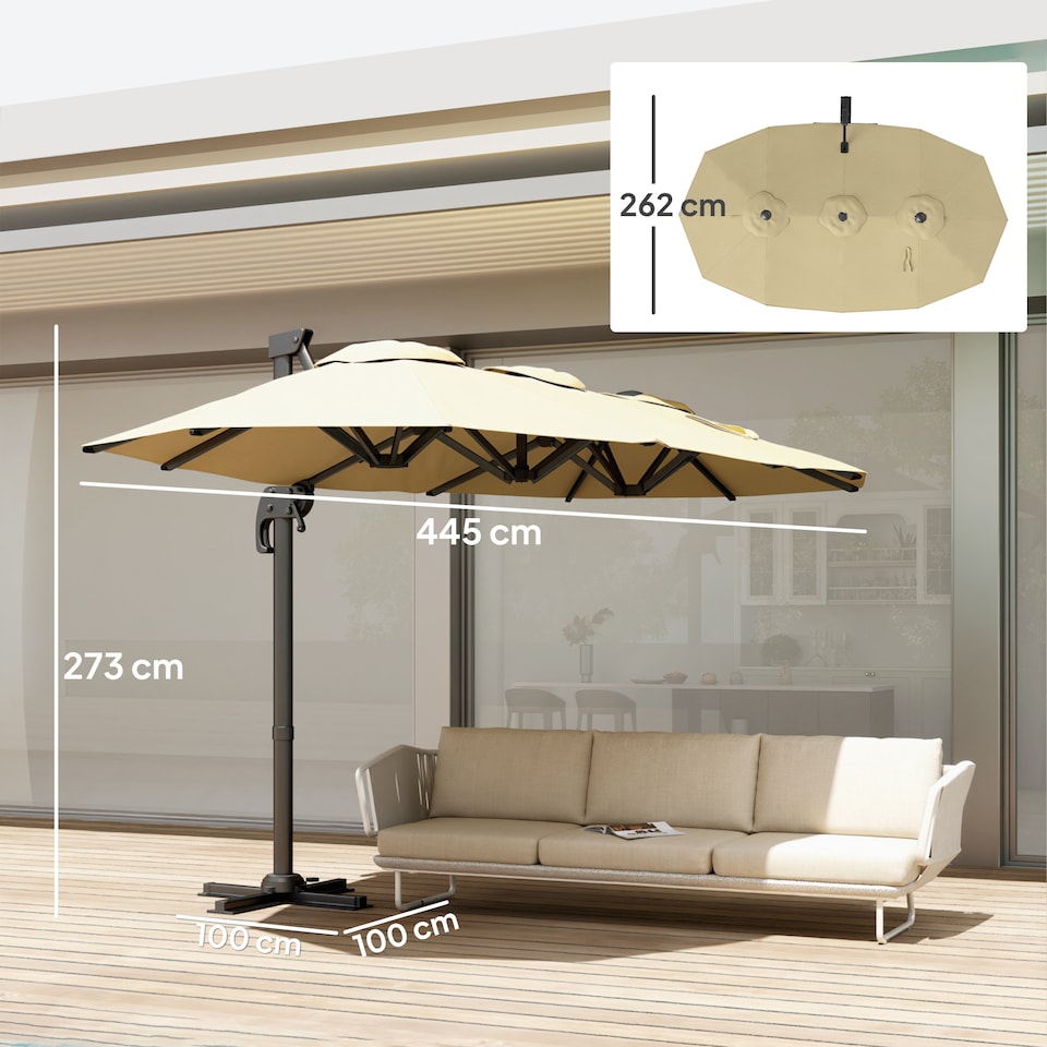 image 1 of Outsunny 45 m Patio Cantilever Roma Parasol Large DoubleSided Rectangular Garden Umbrella with Crank Handle 360 Cross Base for Bench Outdoor Khaki