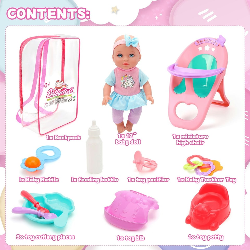 image 1 of 12 Inch Baby Doll Toys Feeding Set with Carry Backpack High Chair Playset