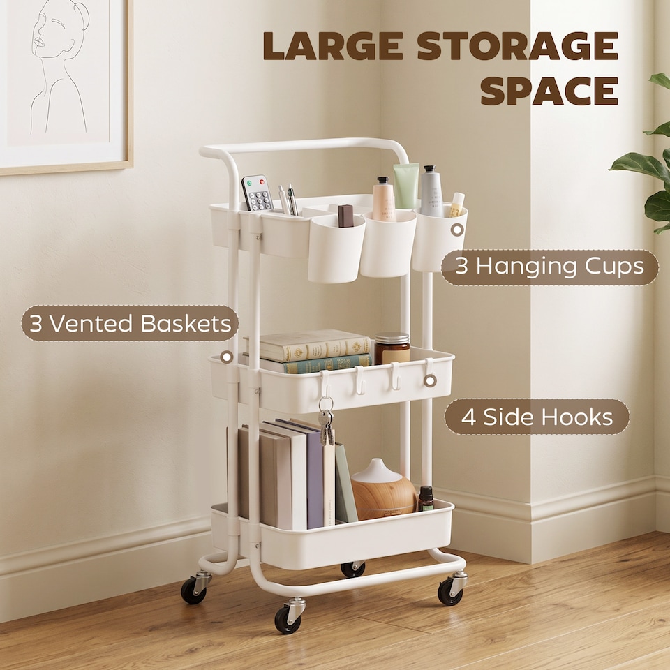 image 1 of HOMCOM 3-Tier Utility Cart, Rolling Serving Trolley with Baskets, White