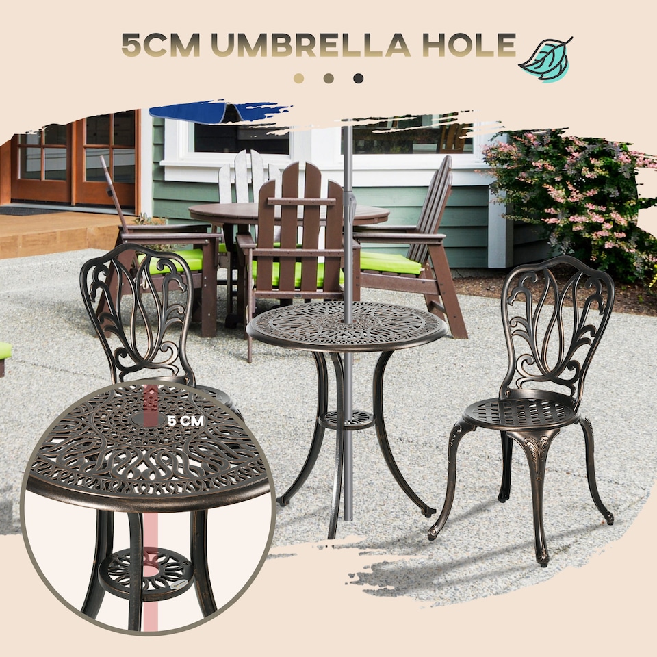 image 1 of Outsunny 3 Piece Patio Bistro Set Outdoor Table Set with Umbrella Hole Bronze